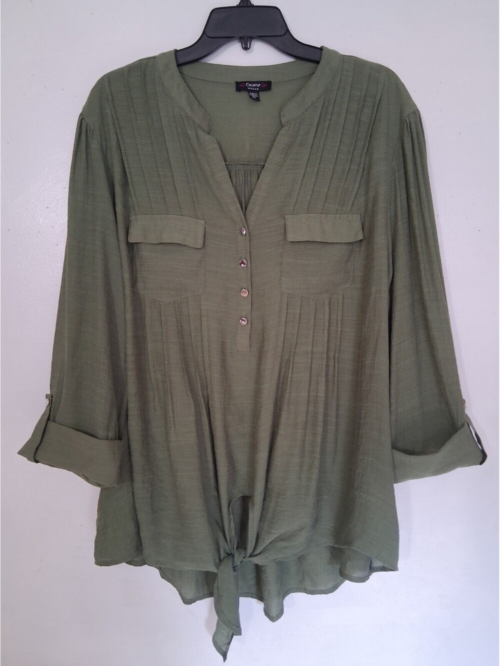 Cocomo Women's 2X Olive Green Tie Front Pintuck Roll Tab Sleeve Utility Top